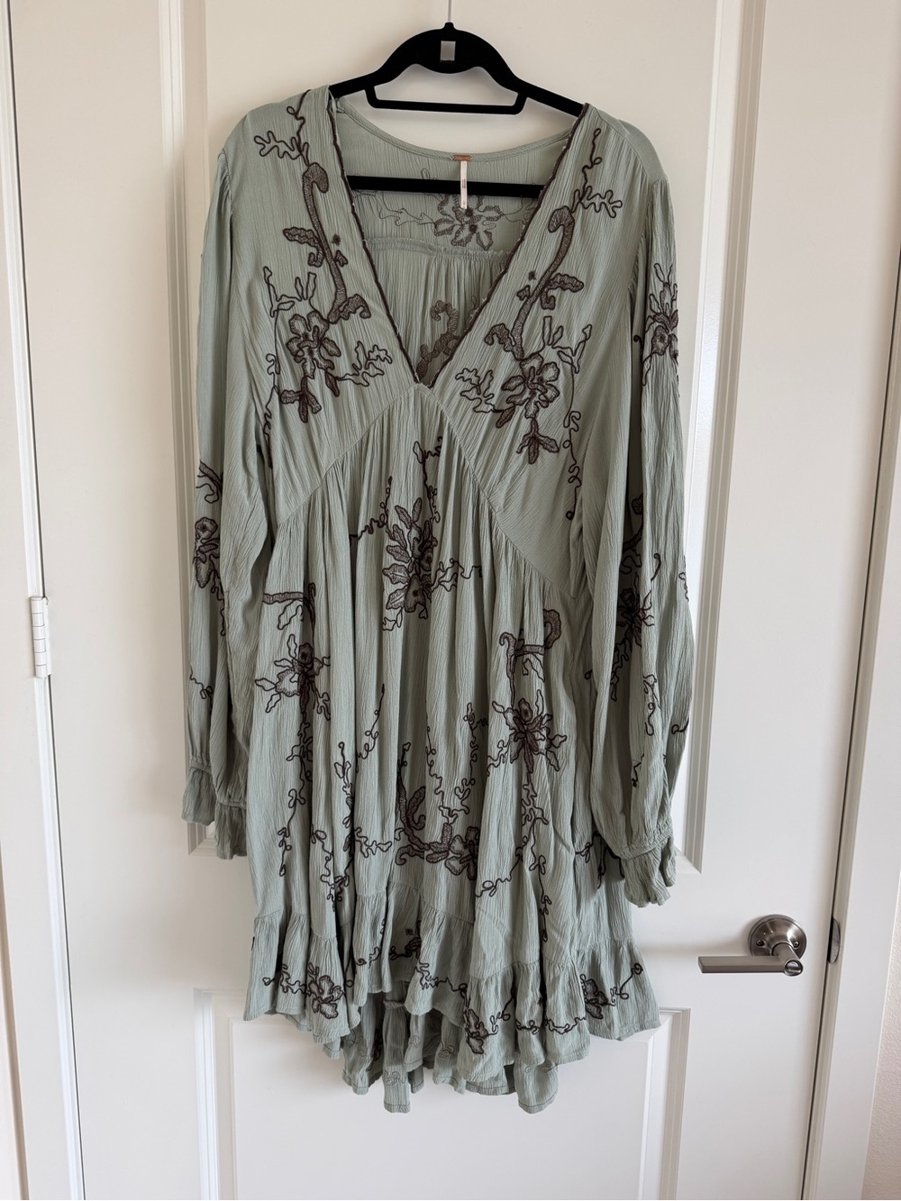 Free People Sage Green Long-Sleeve Embroidered V-Neck Dress